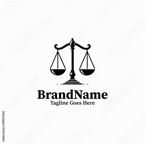 A minimal justice scale symbol is illustrated as a modern law firm logo design monochrome clean