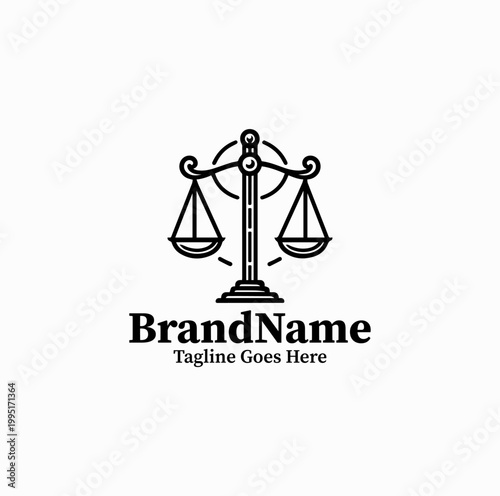 A minimal justice scale symbol is illustrated as a modern law firm logo design monochrome clean