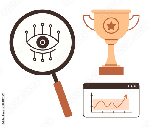 Business success, analytics tools, AI monitoring, performance tracking, achievement, research. Eye with magnifying glass, trophy and chart. s analytics tools and business success