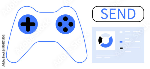 Gaming concept. Gaming expressed through a controller, digital data charts, and a send button icon. Gaming focuses on interactive technology, consoles, and data-driven design. For gaming platforms
