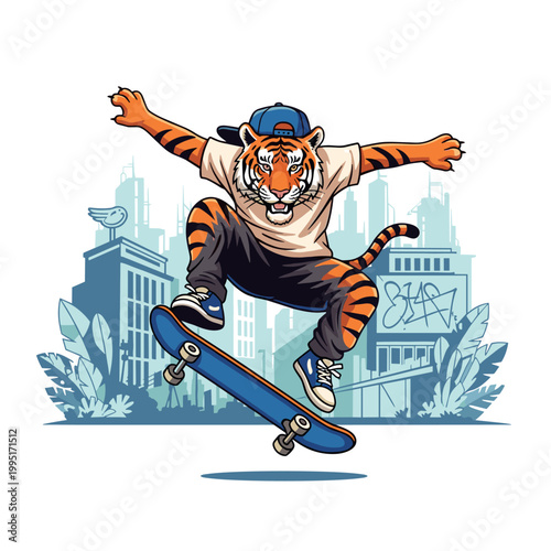 Tiger Skateboarder Mascot Character Jumping In Urban City Background Illustration