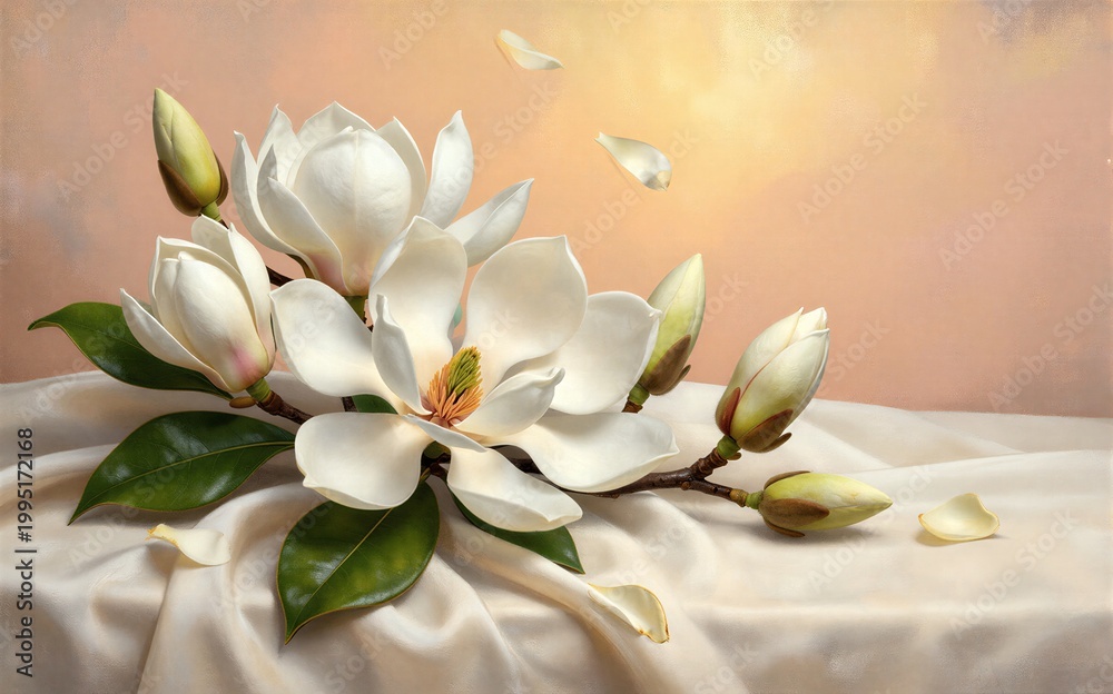 Fototapeta premium White magnolias bloom gracefully on satin petals drifting softly in
