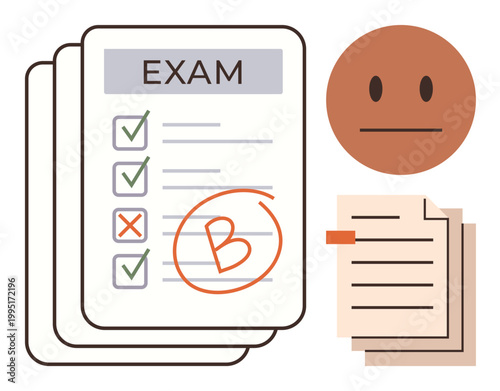 Education assessment, student evaluation, test grading, academic performance, feedback, exam results. Graded exam paper with checkmarks, crossed answers and neutral emotion face. Education