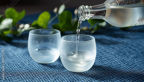 二つの盃で見せる冷酒の日本酒ガラス酒器静物写真