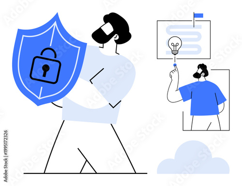 Cybersecurity, data protection, innovation, goal setting, technology, business strategy, safe practices. A man holding a shield with a lock. Cybersecurity and data protection in digital environments