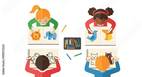 Four diverse children are seen from above, happily drawing lions, elephants, and other animals in their notebooks with colorful pencils.
