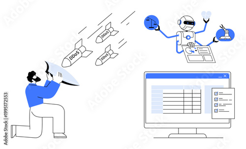 Cybersecurity, digital threats, artificial intelligence, data protection, online security, automation. A man deflecting DDoS attacks, AI tools monitoring data. Cybersecurity and digital threats