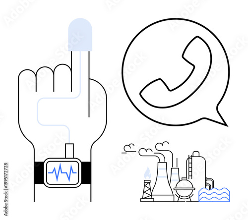 Health tracking, industrial automation, communication systems, connectivity, IoT, wearable devices. A smartwatch monitors health on a hand. Health tracking and industrial automation concept