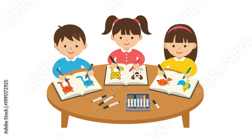 Three young children are sitting around a brown table, happily drawing colorful animals in their open notebooks using various markers.