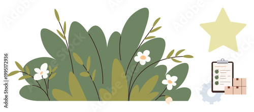 Sustainability, quality control, eco practices, growth, environment, business planning. Green foliage with flowers, checklist gears and star. Sustainability and quality control