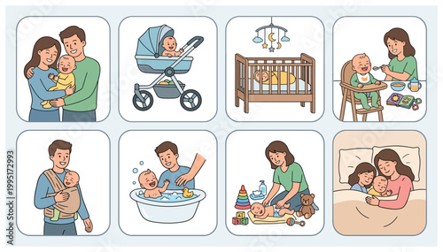 Illustrations of parents with baby care activities.