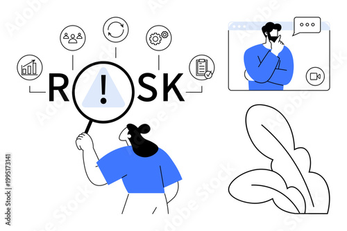 Risk management, decision making, business strategy, online consultation, teamwork, problem-solving. Woman analyzing risk with magnifying glass, man in virtual discussion. Risk management