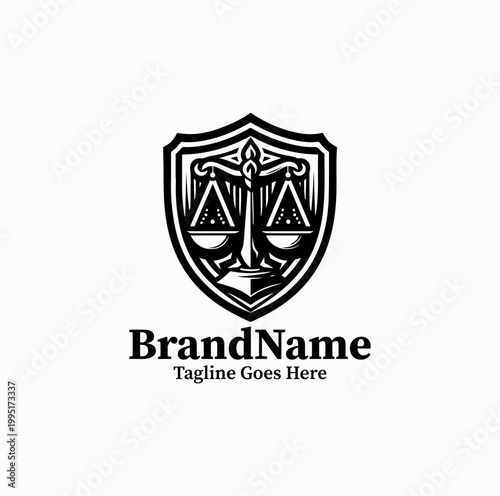 A shield with justice scale is illustrated as a strong legal protection logo design monochrome bold