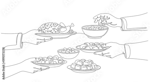 Sharing Food: Hands Serving Diverse Dishes from Overhead Line Art Illustration