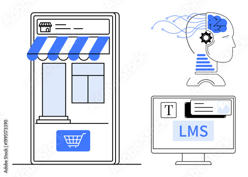 Digital marketing, online education, artificial intelligence tools, e-commerce solutions, neural networks, learning platforms. Online storefront, AI brain sketch and LMS screen. E-commerce and AI