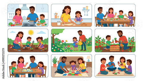 Illustrations of diverse families and children engaging in various activities together.