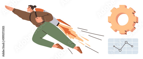 Business growth, innovation, success, team dynamics, creativity, professional development. Person with a rocket flying upward, gear and analytics graph. Business growth and innovation symbols