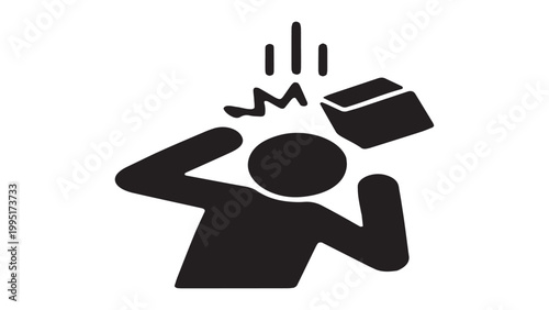 Falling object warning sign icon, worker getting hit on head by falling box, workplace safety hazard vector illustration.