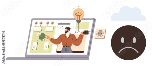 Education, innovation, brainstorming, virtual learning, energy conservation, productivity skills. A man presenting on a laptop screen with ideas and diagrams. Education and innovation concept