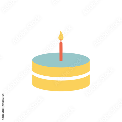 Celebration Cake with One Lit Candle Isolated on White Background
