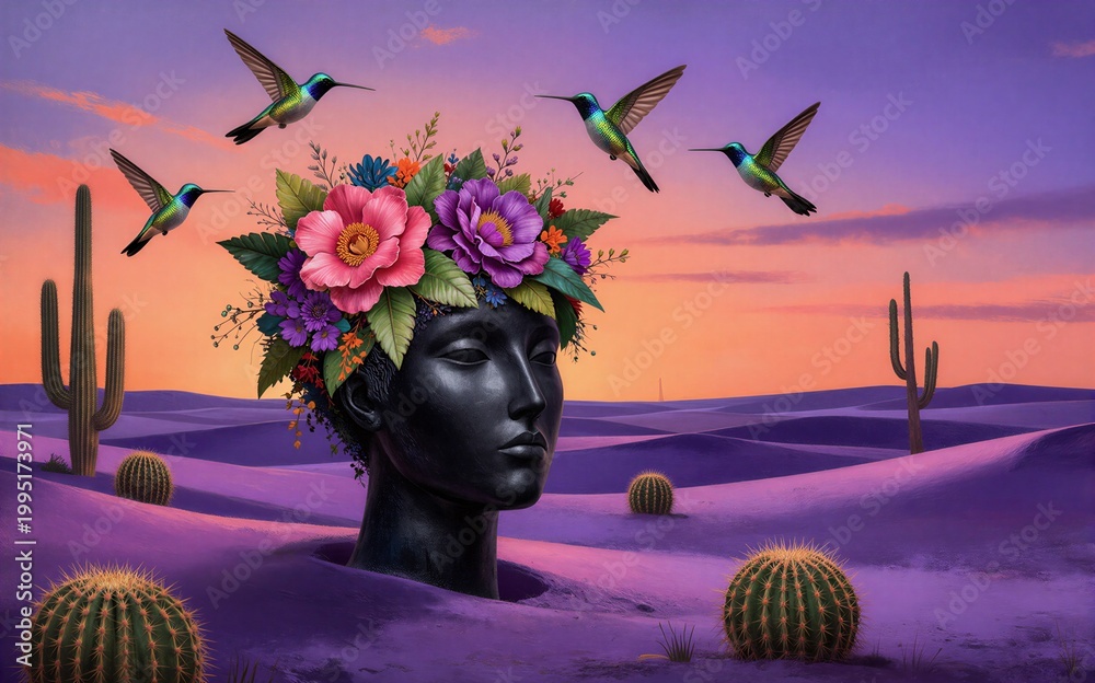 Fototapeta premium A serene desert scene with a floral head hummingbirds flying above.