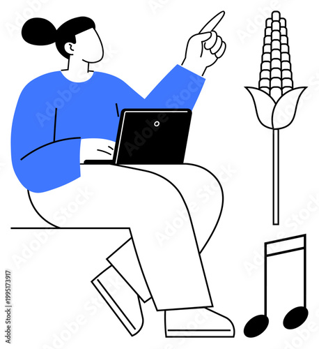 Agriculture, technology, creativity, education, innovation, music. A person with a laptop pointing, corn plant and musical note. Agriculture and technology with innovation and creativity emphasis