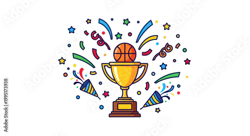 Basketball Trophy with Confetti and Party Poppers - Sports Victory Celebration