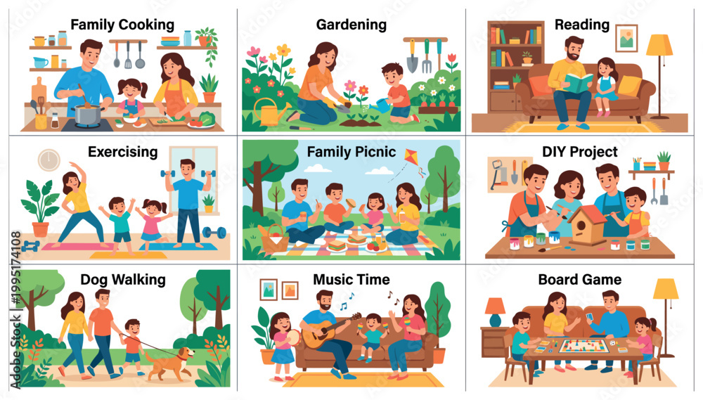 Obraz premium Family activities and hobbies illustration collage.