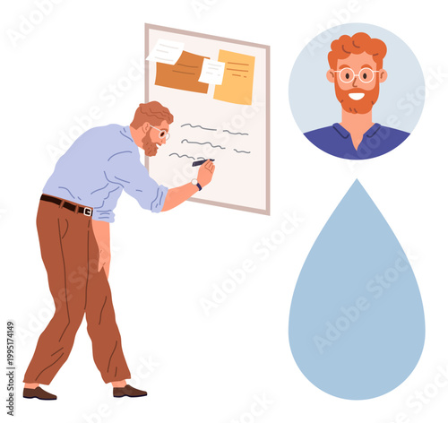 Project planning, creativity, collaboration, personal branding, education, self-expression. A man writes on a board with a headshot and a water drop icon. Project planning and creativity concept