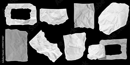 White crumpled cut out paper sheets halftone style isolated on black background. Vector illustration