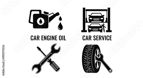 Automotive repair icons depicting maintenance oil and service silhouette