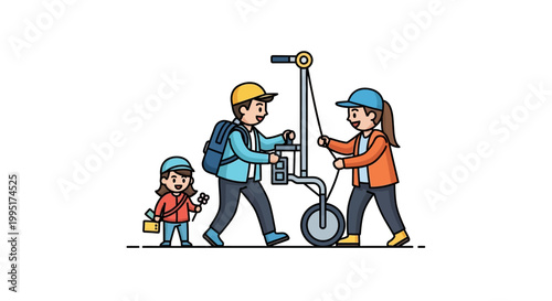 Children and adults assemble a scooter, teamwork and fun concept.