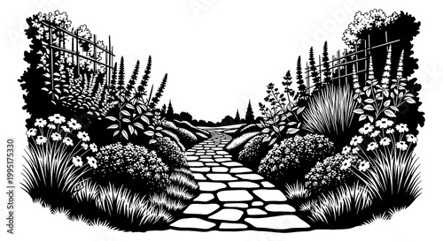 Stone path through lush garden black and white woodcut illustration