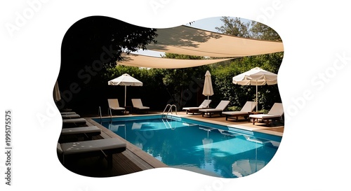 Luxury swimming pool with sunbeds and umbrellas under shade sails