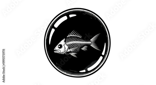Fish skeleton trapped inside dark bubble, concept of extinction or pollution