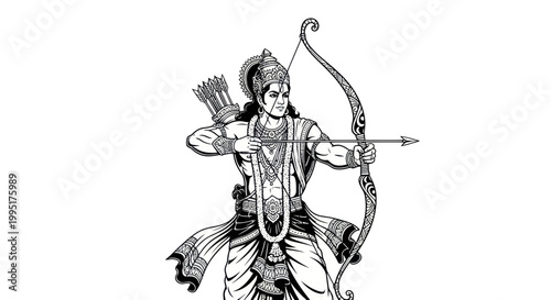 Lord Rama Drawing with Bow and Arrow, Hindu Deity, Warrior Pose