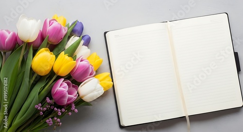 Open Blank Journal with Vibrant Spring Tulip Flowers