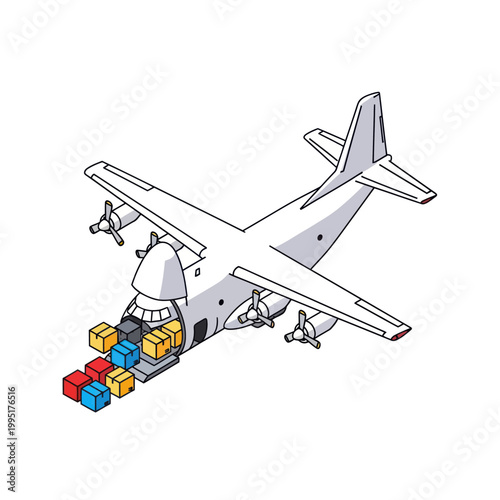 Cargo Plane Unloading Boxes - A Detailed Isometric Illustration.