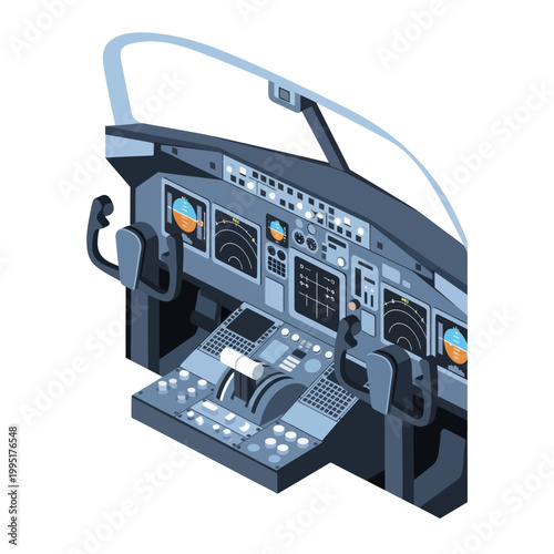 Detailed Isometric Illustration of an Airplane Cockpit Interior.