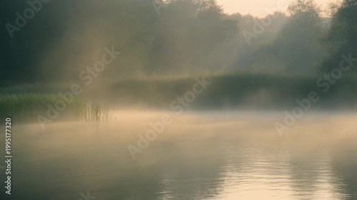 Ethereal morning mist gently rising over the placid surface of a tranquil river, reflecting the soft, warm light of dawn in a serene natural landscape
