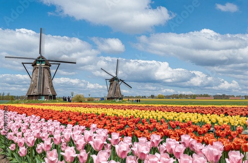 Vibrant tulip fields bloom under a bright sky with historic windmills