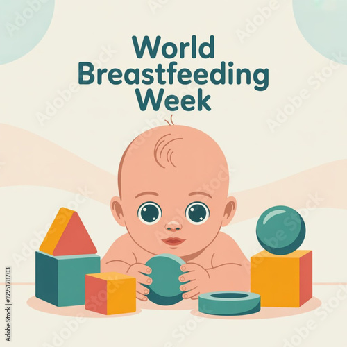 Cute baby playing with colorful building blocks for world breastfeeding week celebration card design Vector, illustration