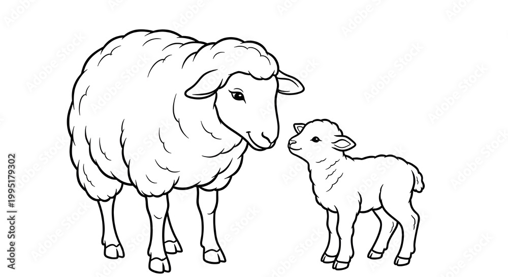 Obraz premium Mother sheep and lamb bonding in soft sketch illustration style