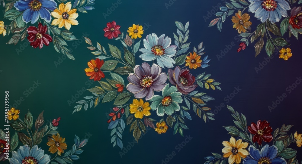 Obraz premium Hand-painted floral pattern on fabric with deep, moody tones, featuring elegant blooms, artistic brushstrokes, and a sophisticated aesthetic, deep, nocturnal, artistic