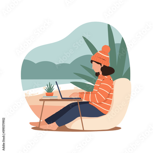 Digital Nomad Working Outdoors Vector Illustration, Remote Work Lifestyle Concept