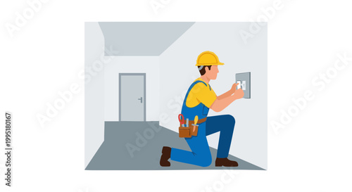 Professional electrician in uniform installing wall switch during home renovation