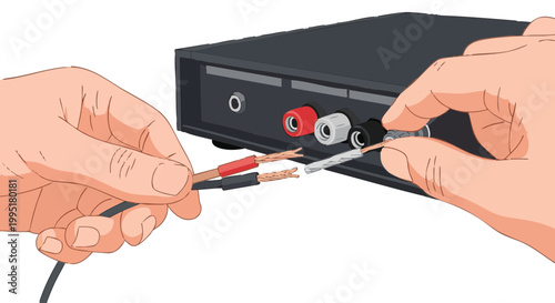 Hands connecting speaker wire to audio amplifier back panel