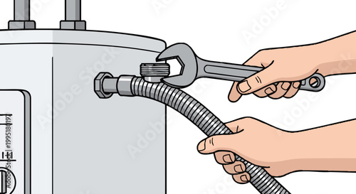 Plumber hands installing flexible water heater hose with wrench
