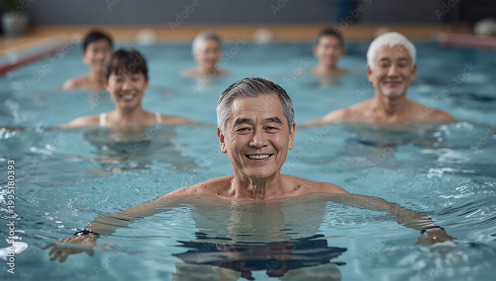 Fototapeta premium 水中トレーニングを行う日本人高齢男性中心の健康写真