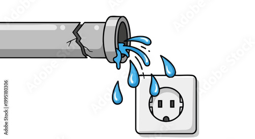 Broken pipe leaking water onto electrical socket. Dangerous situation illustration